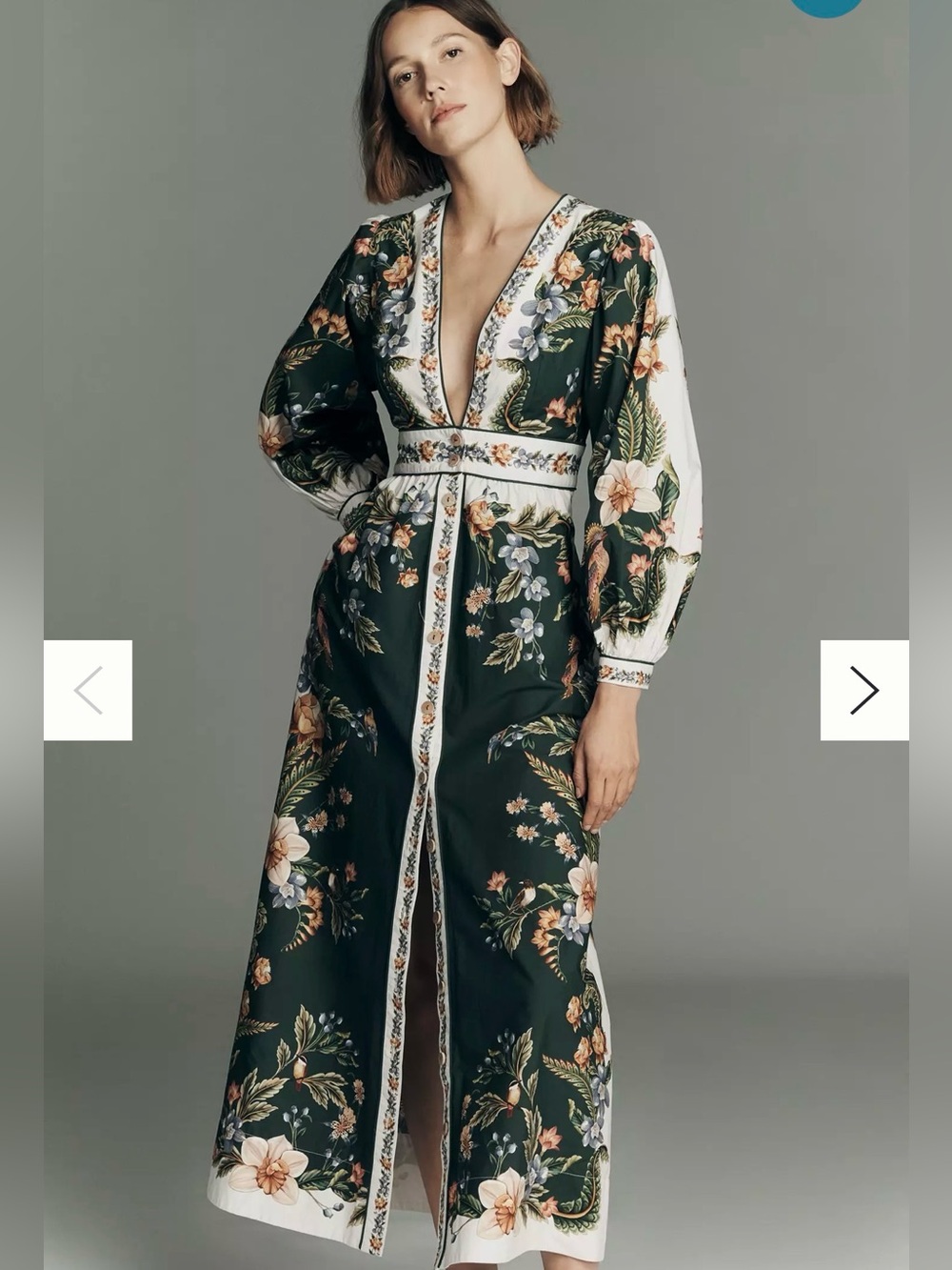Farm Rio Nature Long-Sleeve Plunge Maxi Dress- tear in lining pictured
